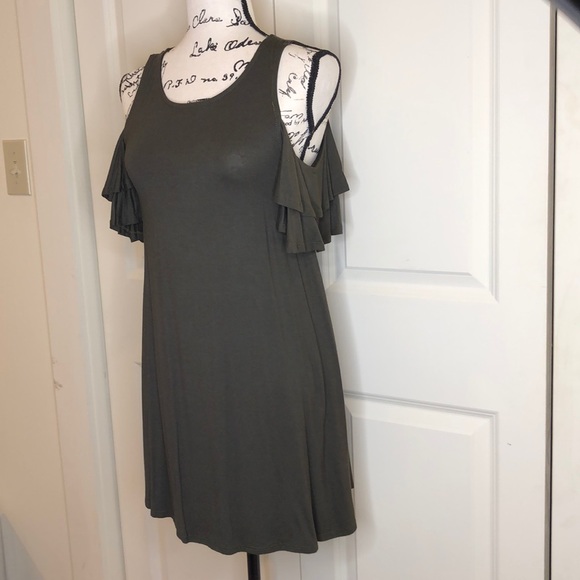 Olive Cold Shoulder Swing Dress Ruffled Sleeves - Picture 3 of 9